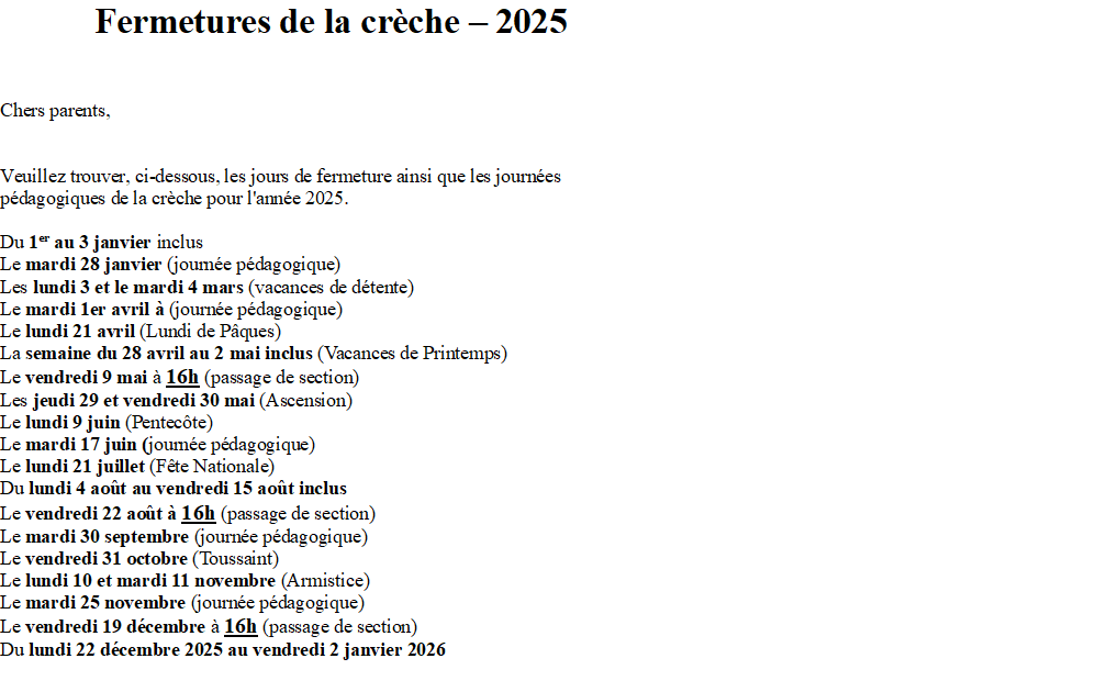 Fermetures 2025